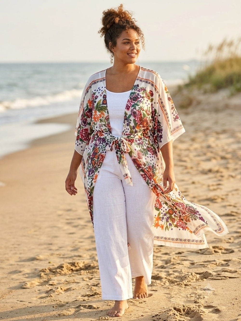 Sheer XXXXL Floral Border Duster Cardigan Kimono Beach Cover Up
